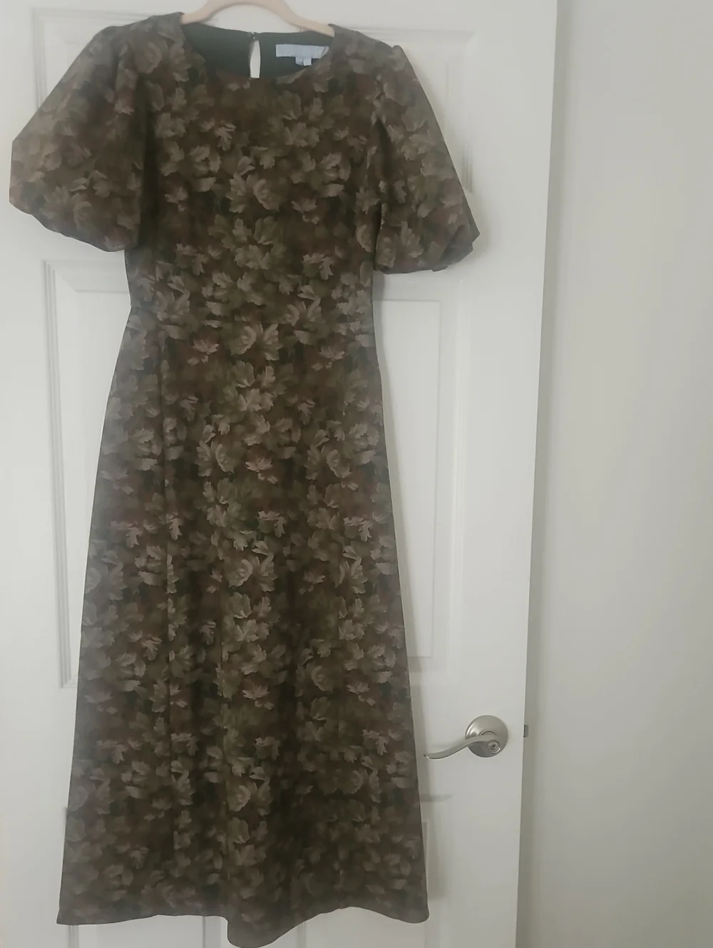 Floral Puff-Sleeve Midi Dress in Olive Green Hill House